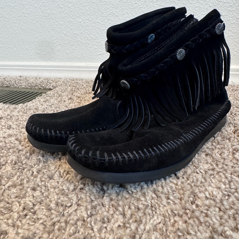 Minnetonka Black Suede Fringe Moccasins